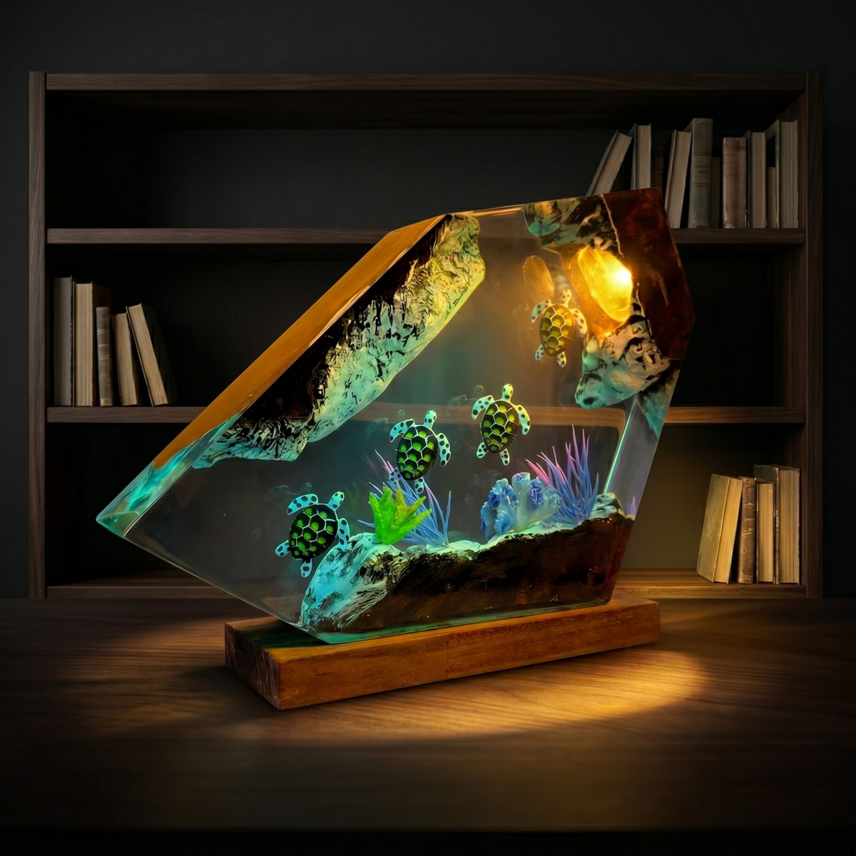 Resin Ocean Lamp — Sea Turtles Gliding over Coral in Faceted Resin with Burl Wood Edges - view 5