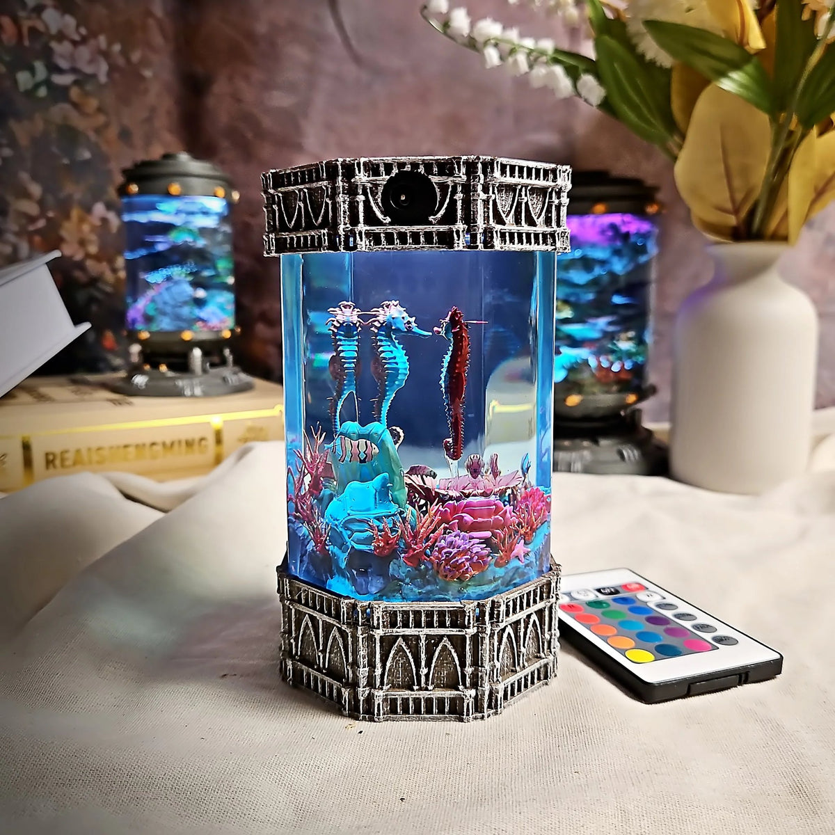 Side view of the seahorse resin lamp glowing blue