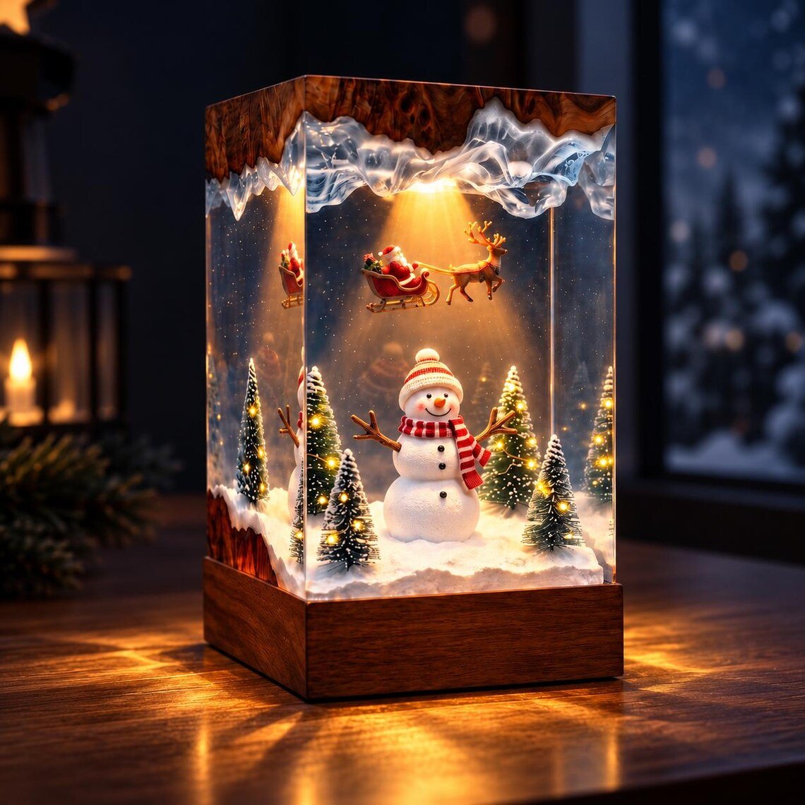 Snowman and Santa sleigh Christmas resin lamp glowing warm