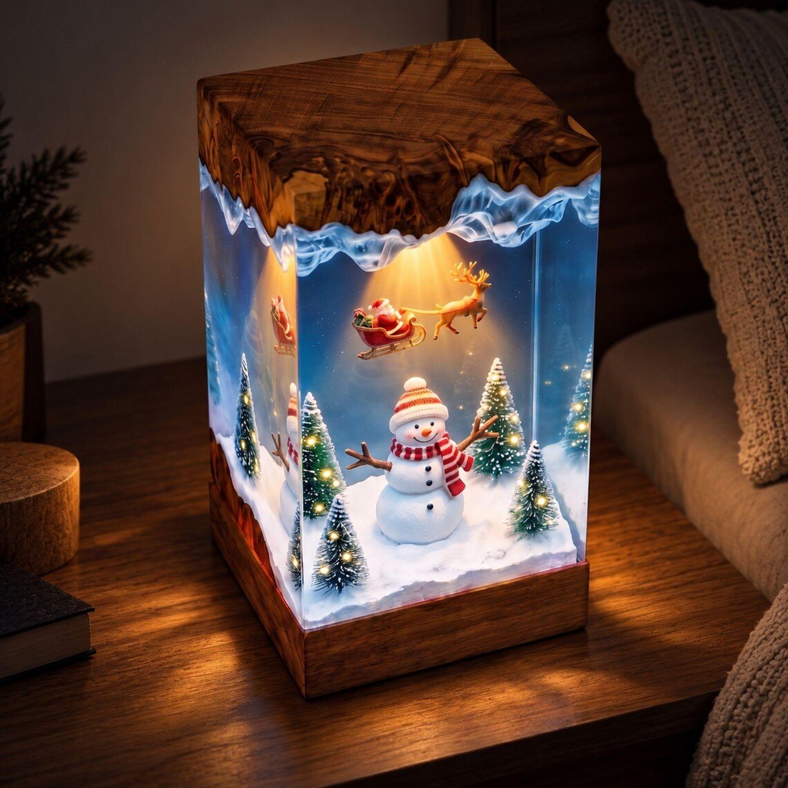 Snowman Christmas resin lamp on a side table