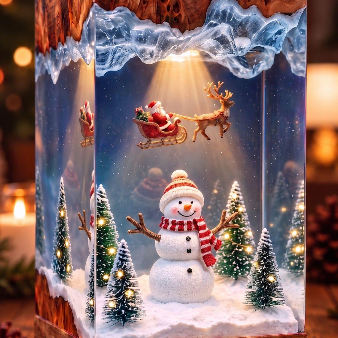 Close-up of snowman and Santa sleigh with reindeer