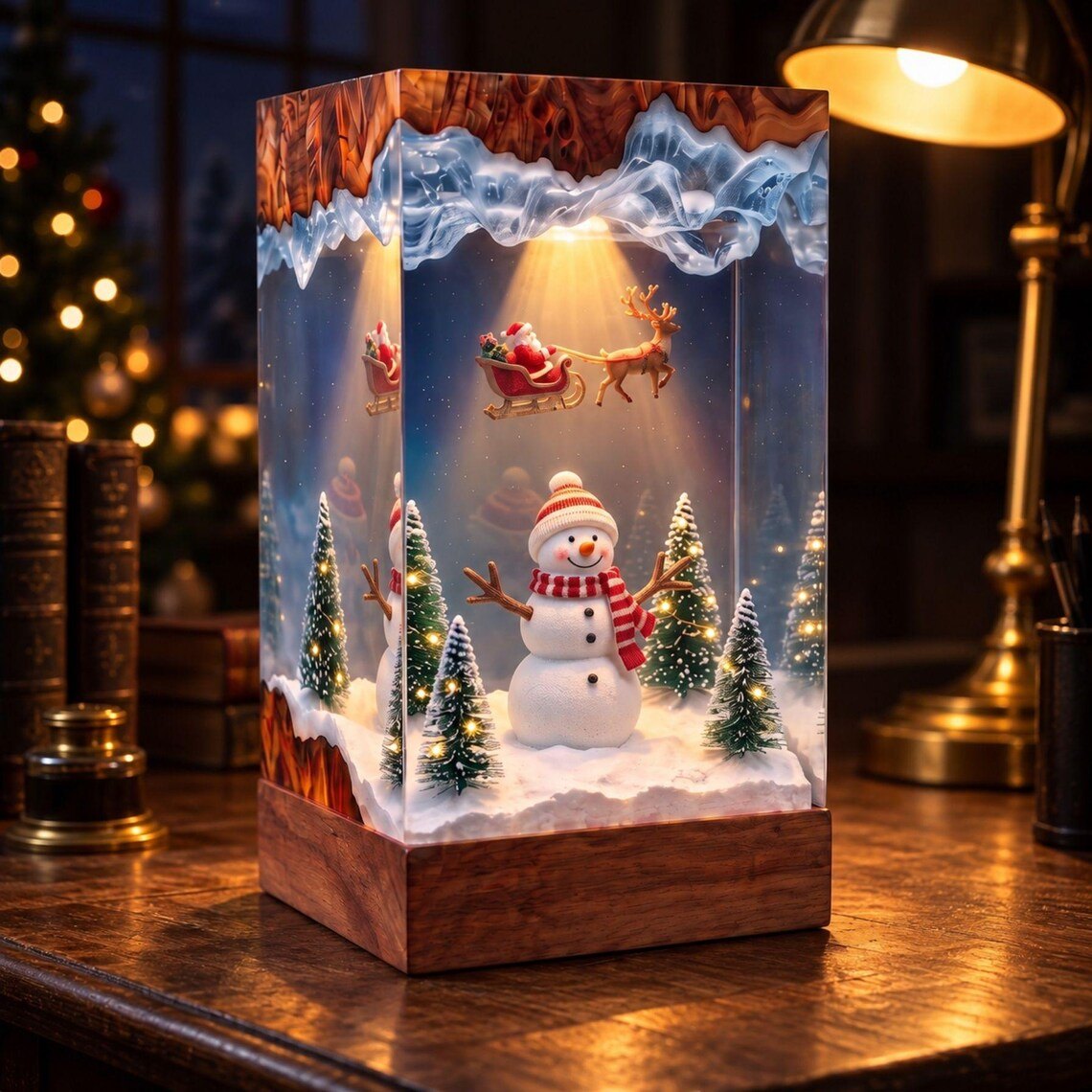 Snowman Christmas epoxy lamp beside a desk lamp