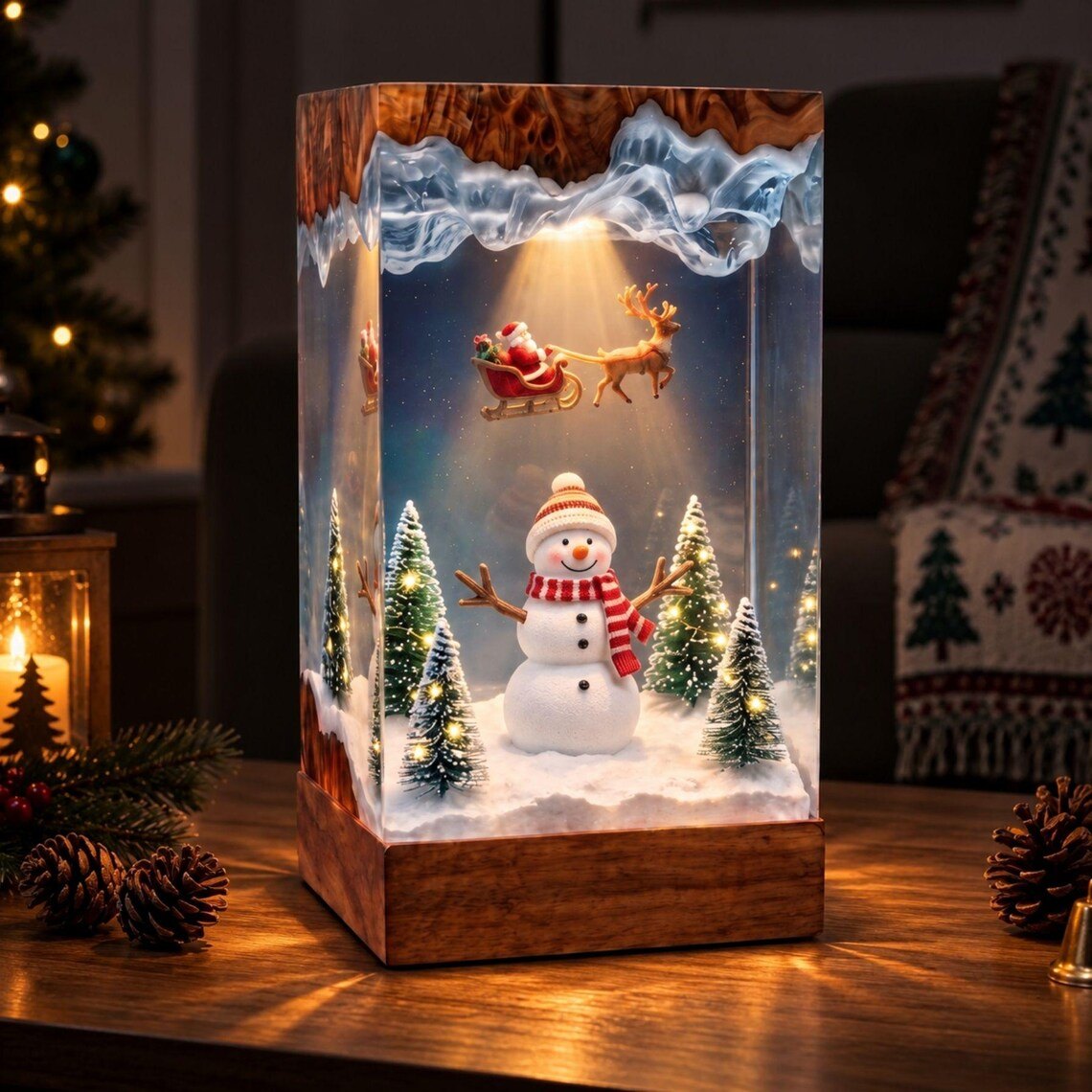 Snowman and sleigh resin lamp in a cozy living room