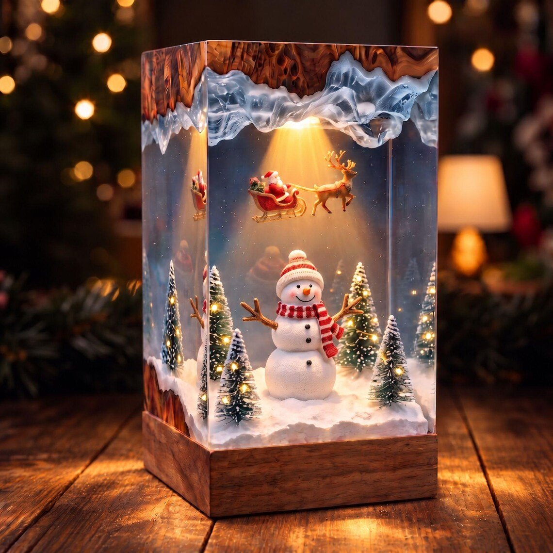Christmas snowman resin lamp beside a Christmas tree