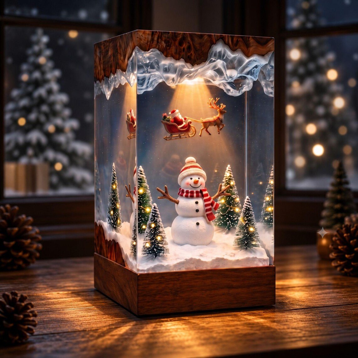 Snowman resin lamp by a snowy window at night