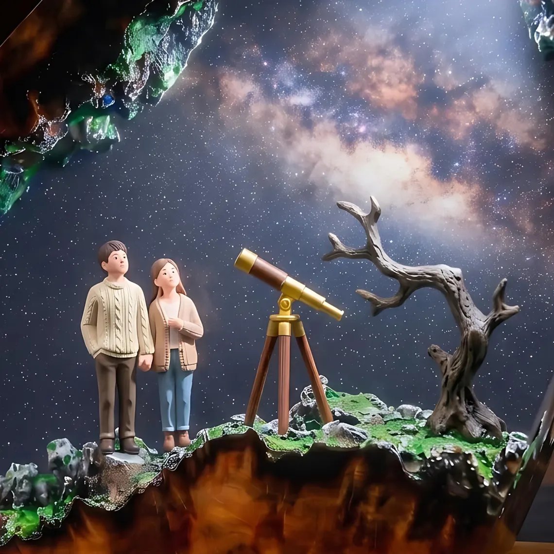 Close-up of couple figures, telescope and twisted tree