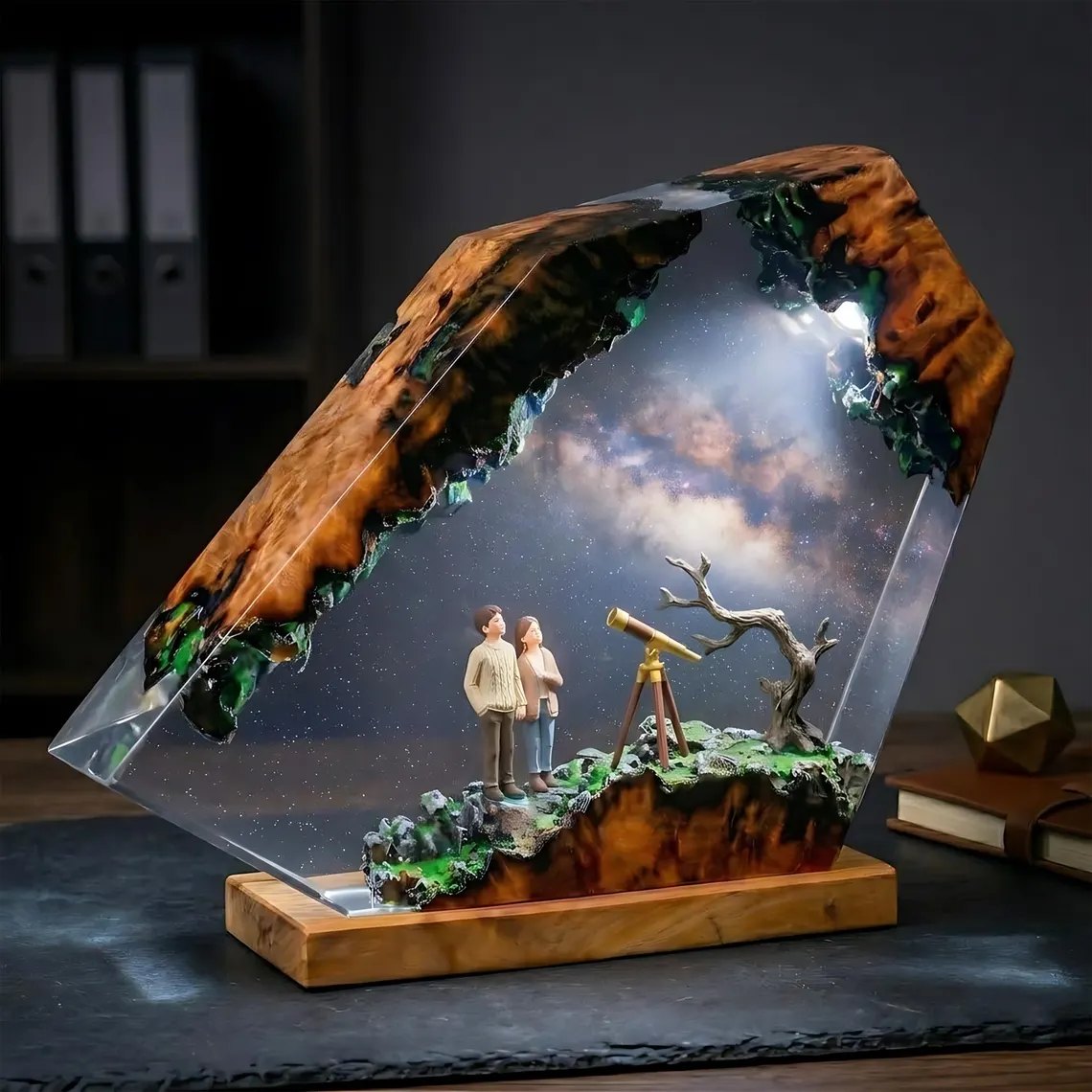 Stargazing couple epoxy lamp, angled view showing clear resin