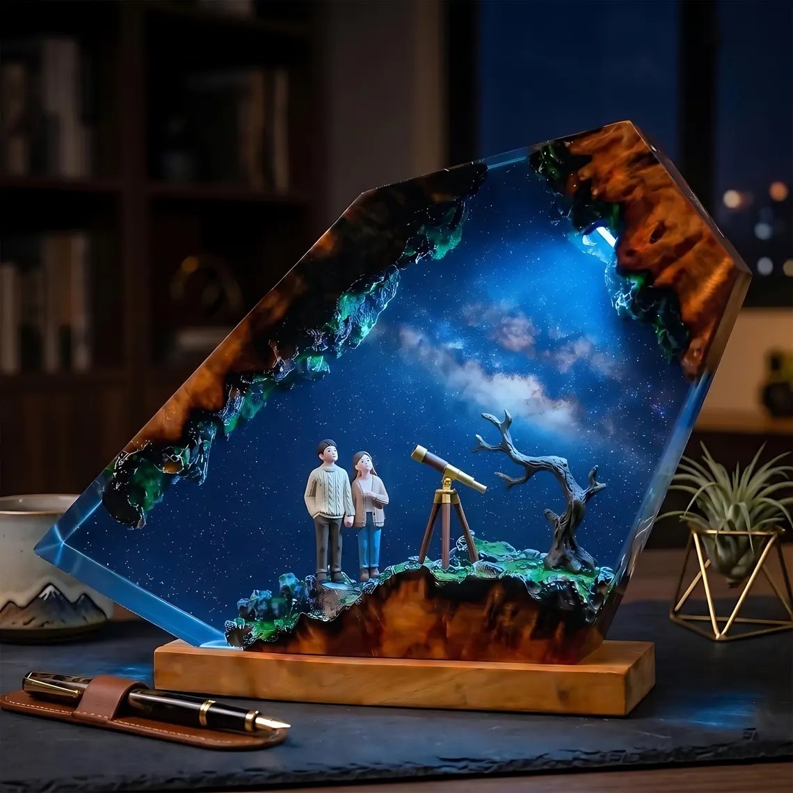 Couple Milky Way resin lamp glowing blue