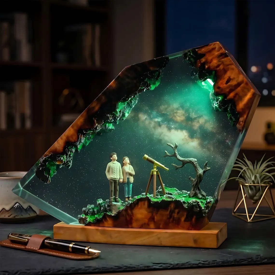 Couple Milky Way resin lamp glowing green