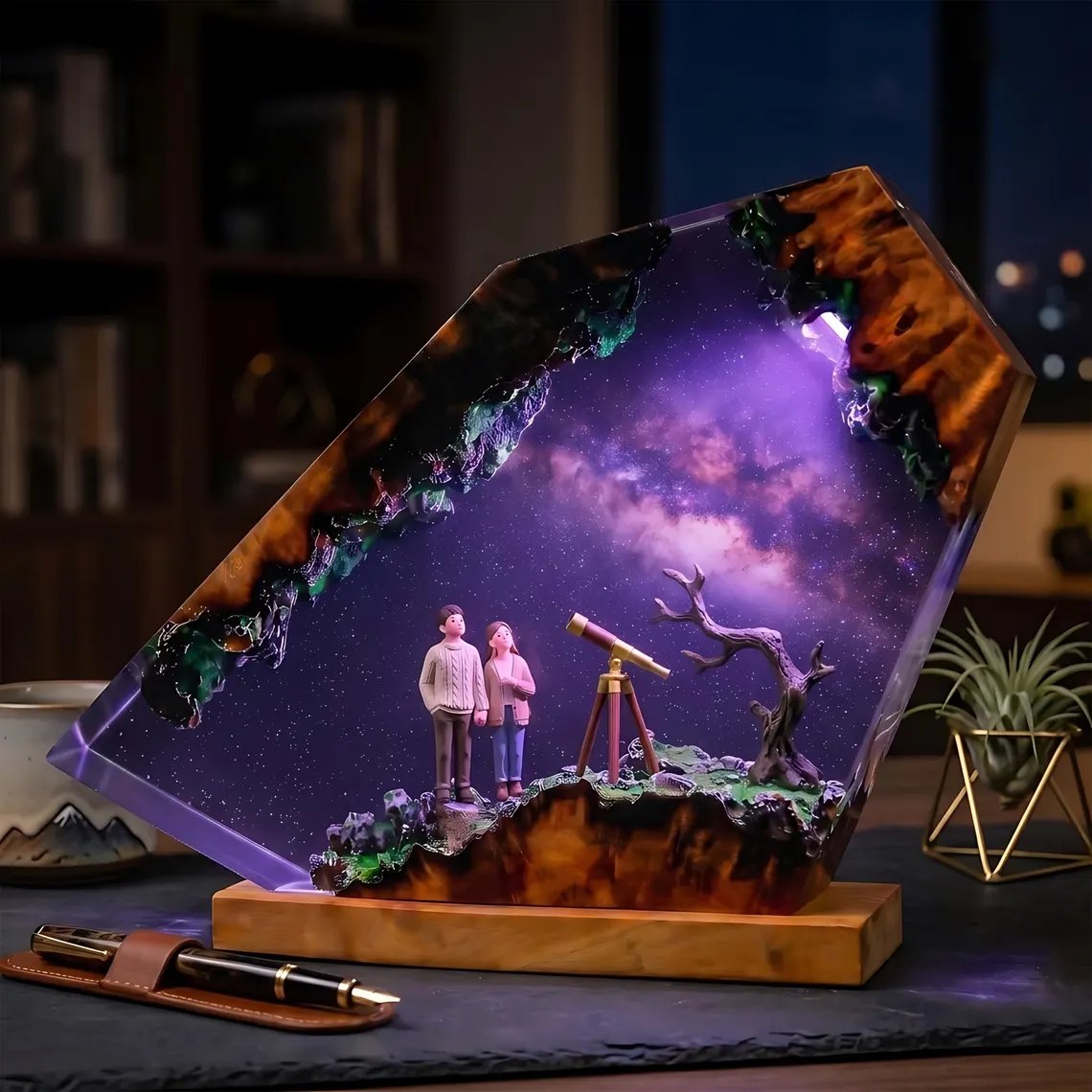 Couple Milky Way resin lamp glowing purple