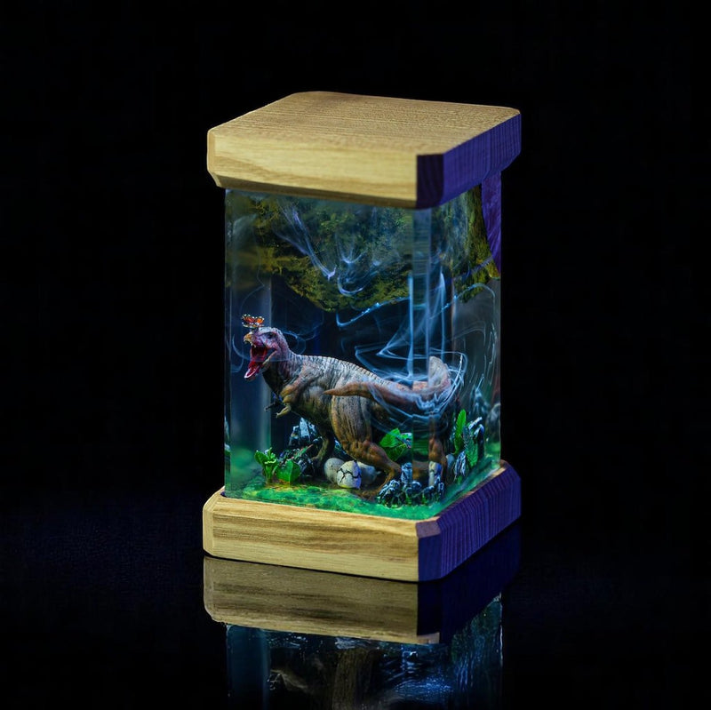 Dinosaur resin lamp with a T-Rex guarding its nest in a wood frame