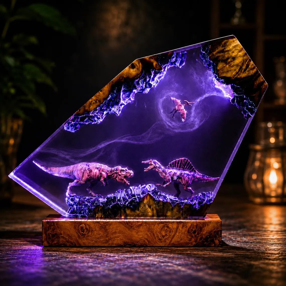 Dinosaur resin lamp with T-Rex and Spinosaurus glowing violet on a burl wood base