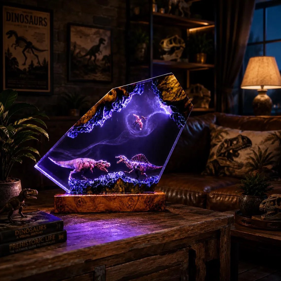 T-Rex vs Spinosaurus resin lamp on a living room table at night