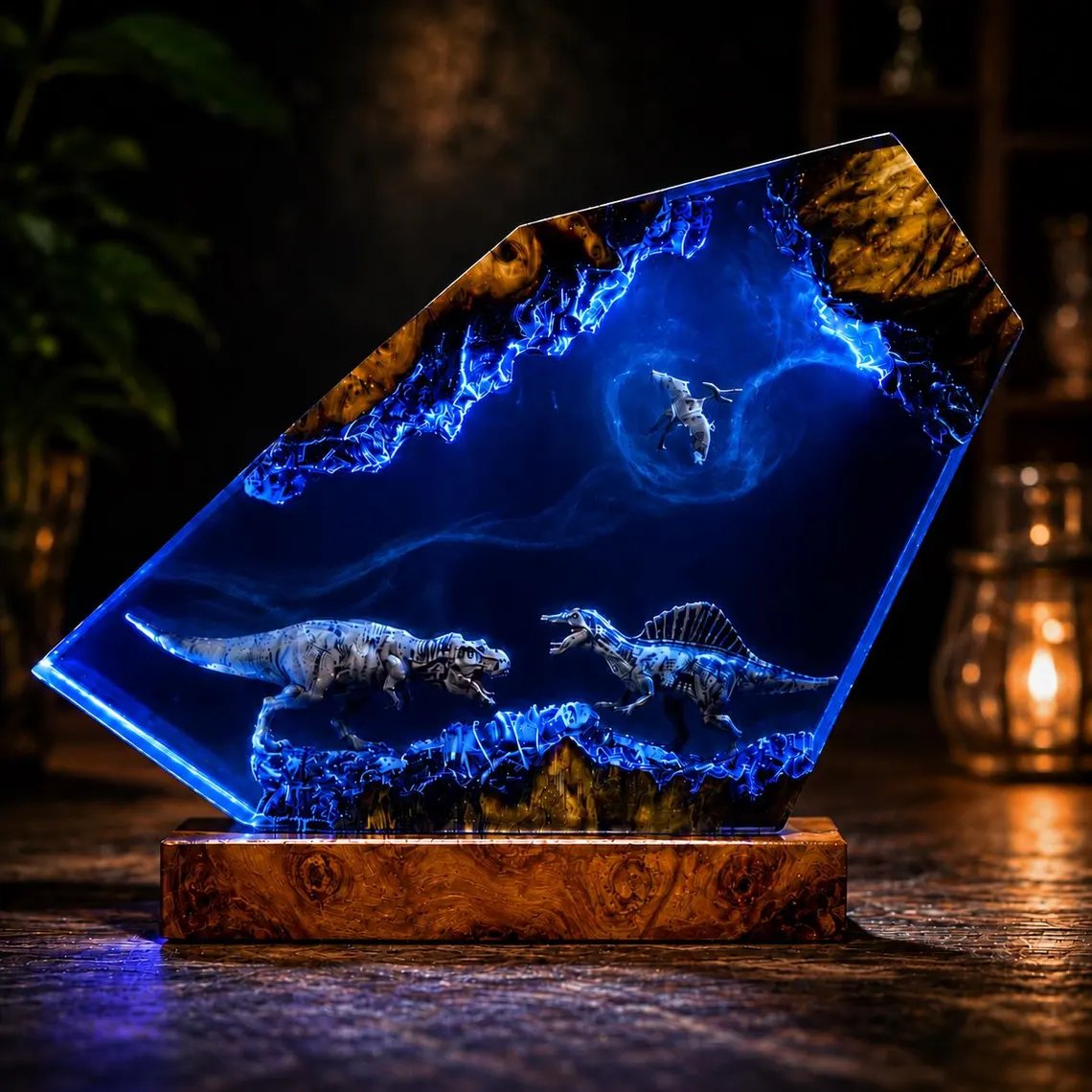 Dinosaur epoxy lamp glowing deep blue with pterosaur in a smoke vortex