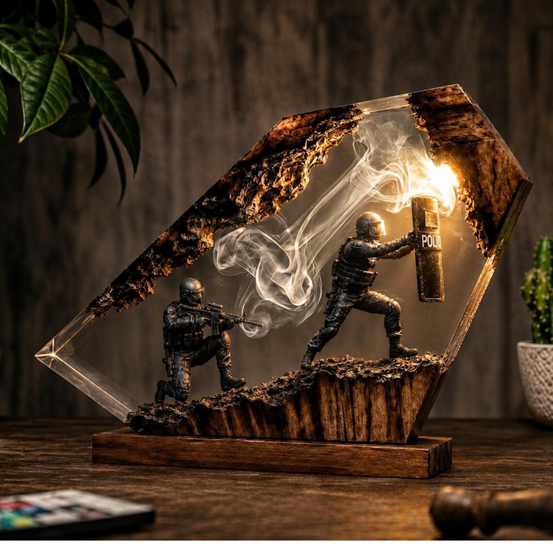 Police resin lamp with two tactical officers and riot shield, warm white light