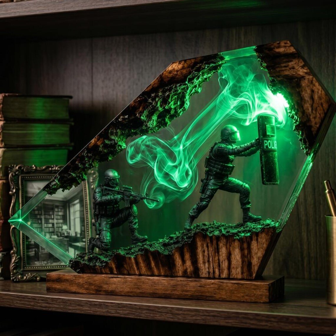 Police resin lamp glowing green on a bookshelf