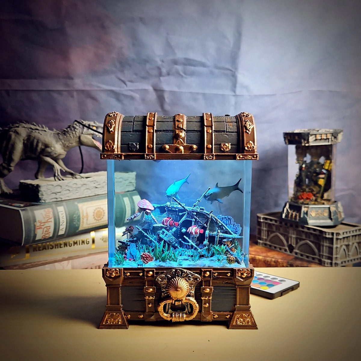 Treasure chest shipwreck resin lamp glowing blue with remote