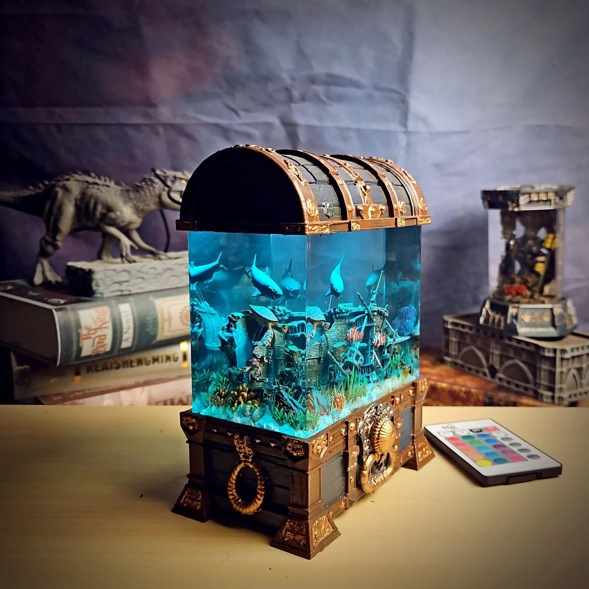 Angled view of the treasure chest shipwreck resin lamp