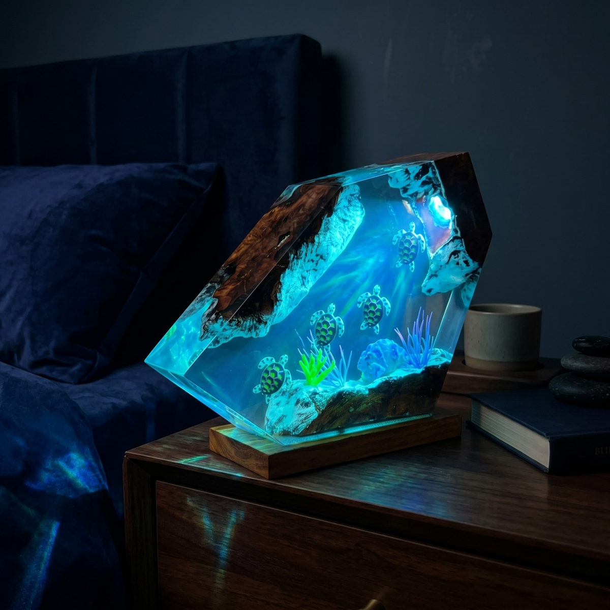 Resin Ocean Lamp — Sea Turtles Gliding over Coral in Faceted Resin with Burl Wood Edges - view 1