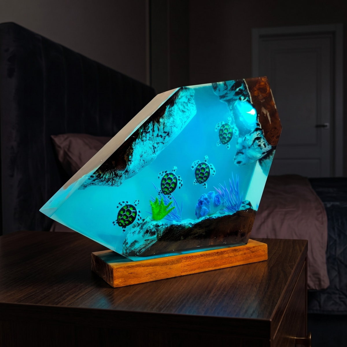 Resin Ocean Lamp — Sea Turtles Gliding over Coral in Faceted Resin with Burl Wood Edges - view 4