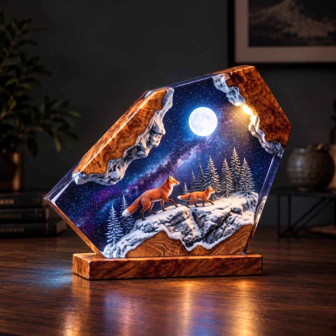 Two foxes galaxy resin lamp glowing on a wooden desk
