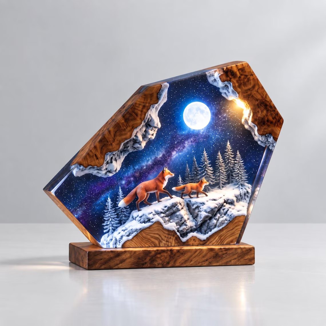 Fox galaxy epoxy night light on a white surface
