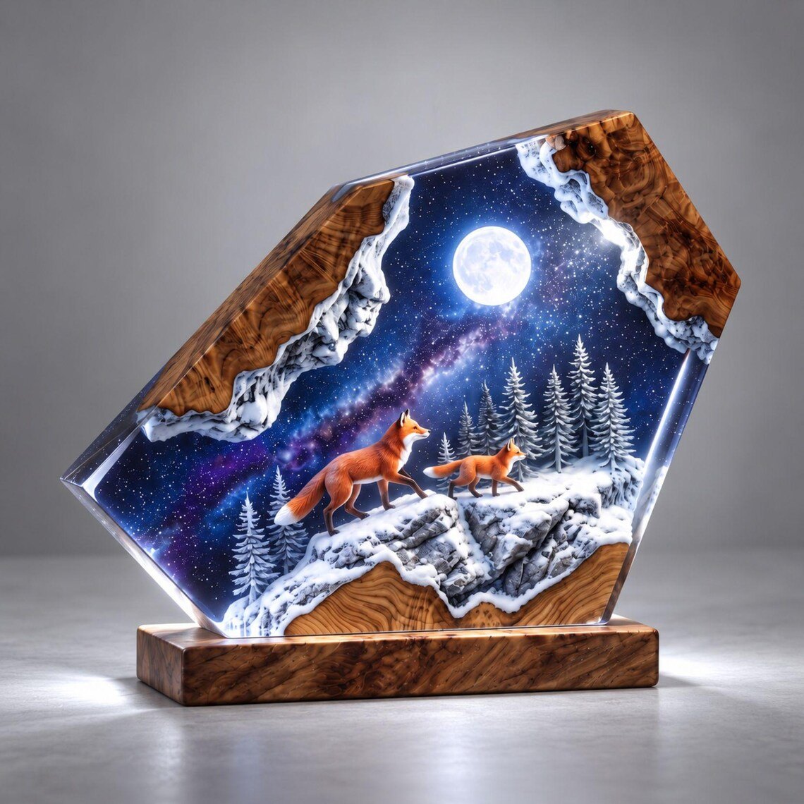Fox galaxy resin lamp lit in cool white