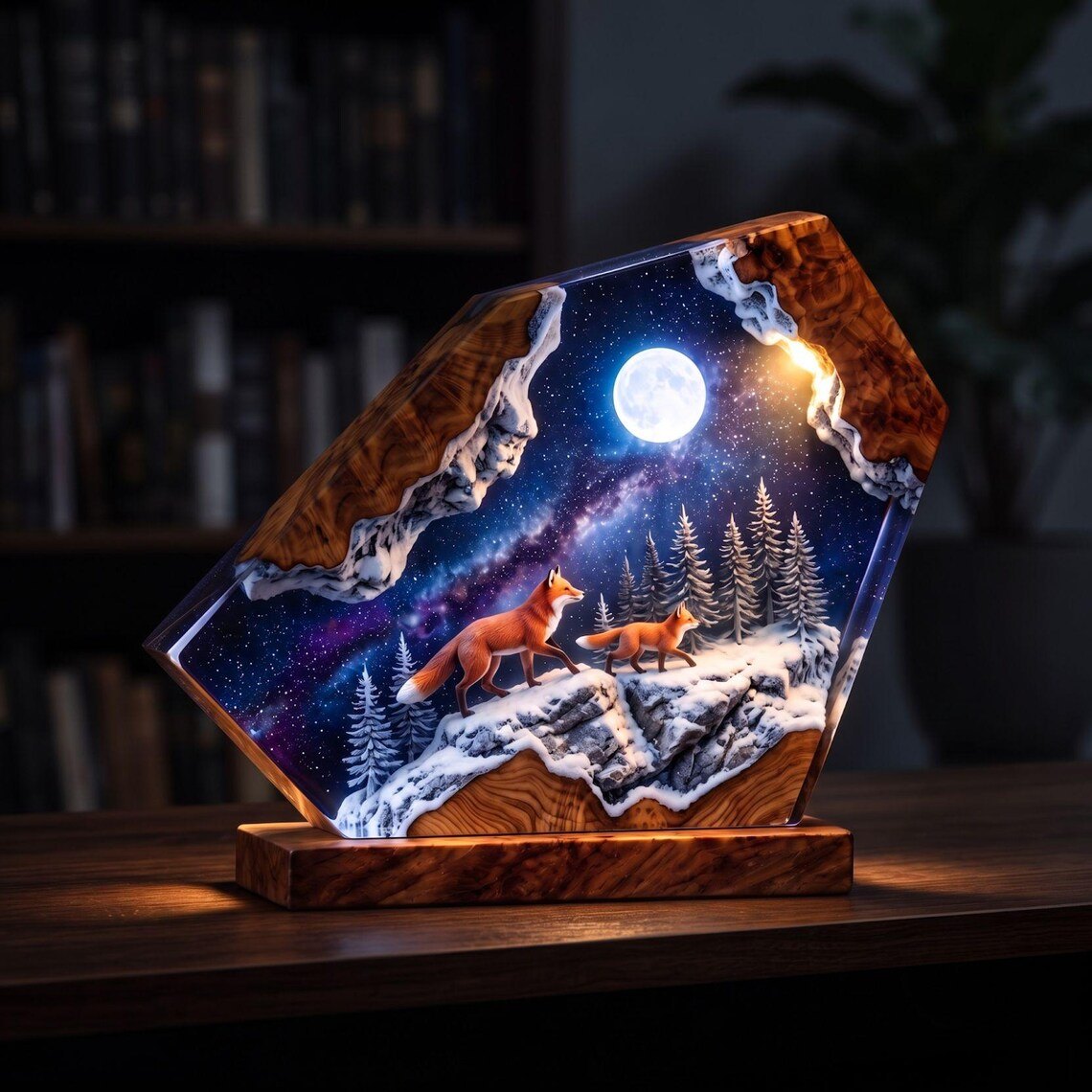 Two foxes galaxy resin lamp in front of a bookshelf
