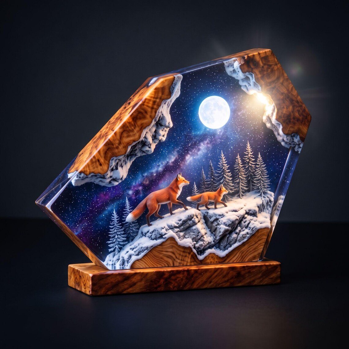 Fox galaxy resin lamp with burl wood on a dark background