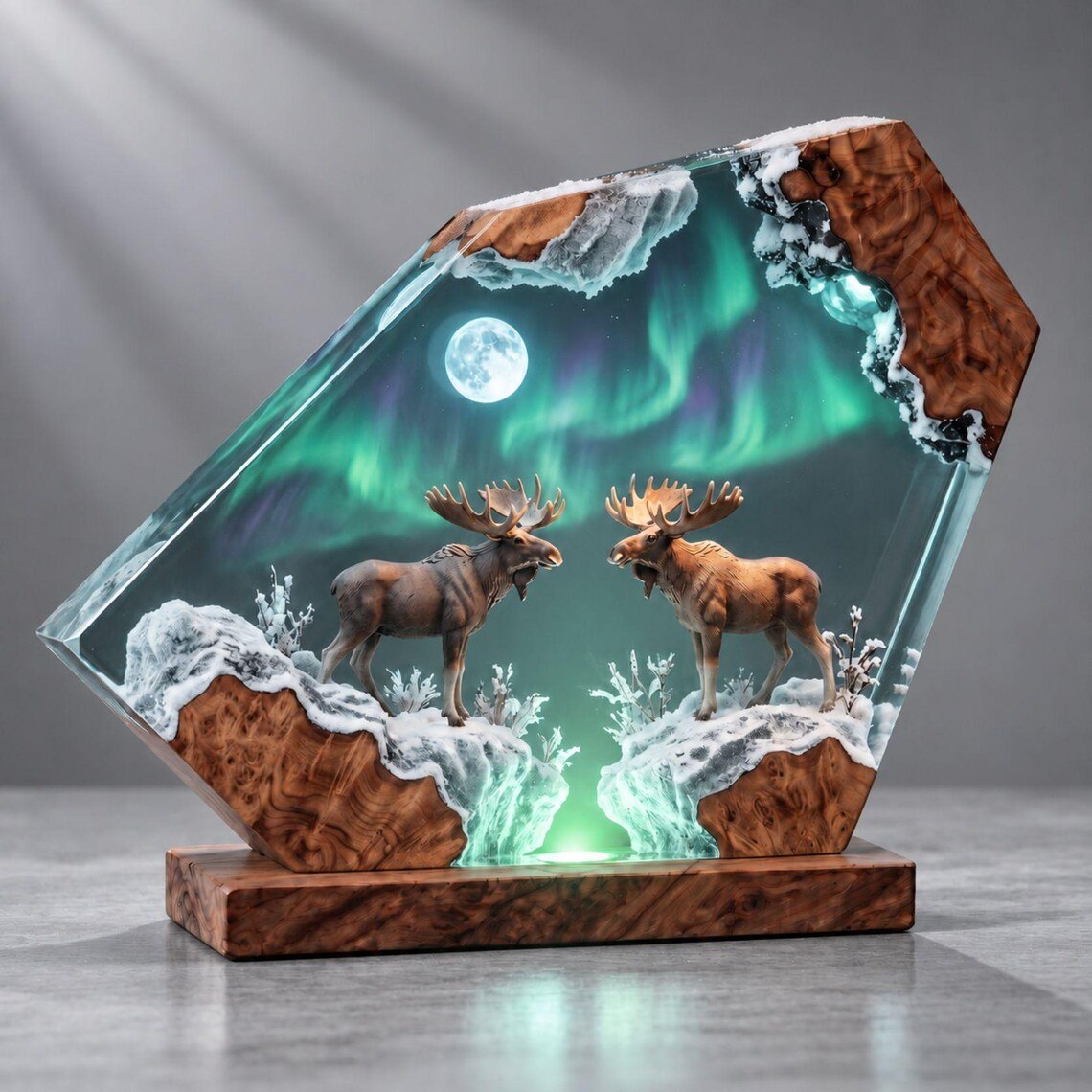 Moose northern lights resin lamp glowing green