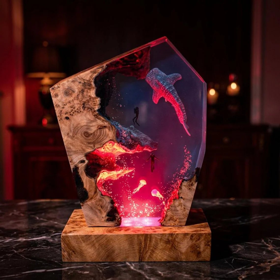 Whale shark and jellyfish resin lamp glowing red