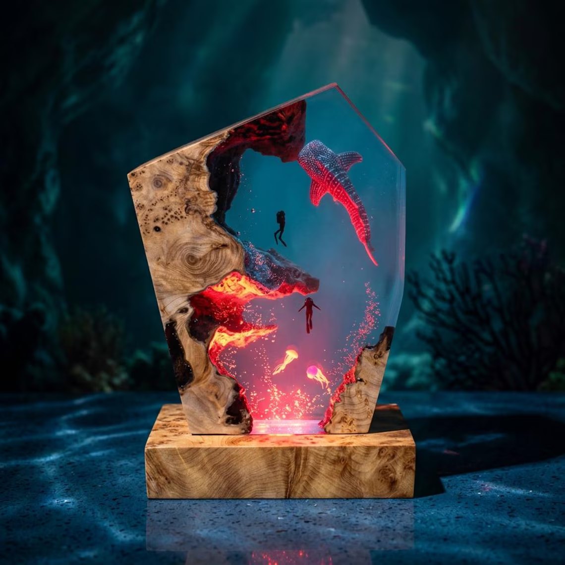 Whale shark resin lamp glowing red on a dark surface