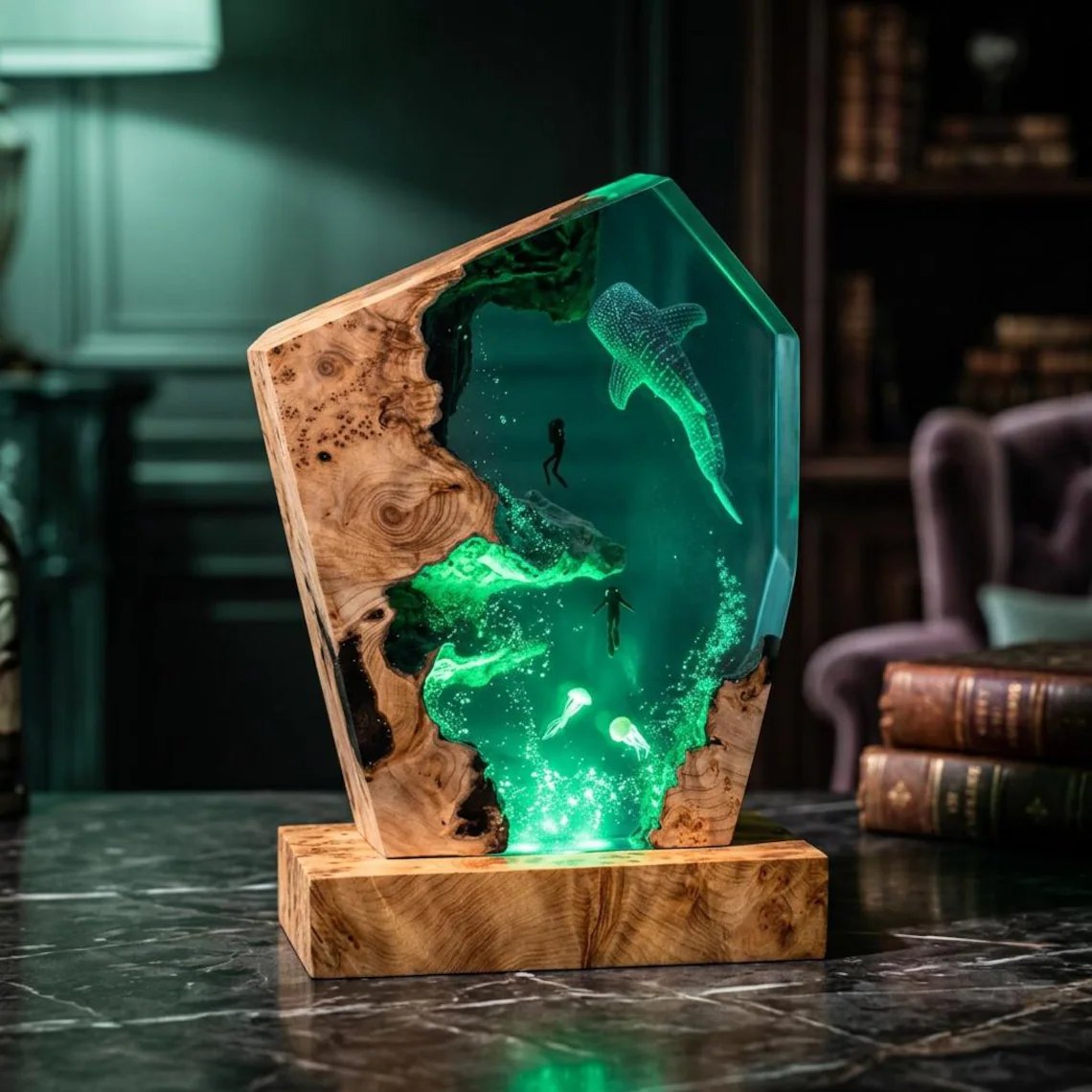 Whale shark resin lamp glowing green beside books