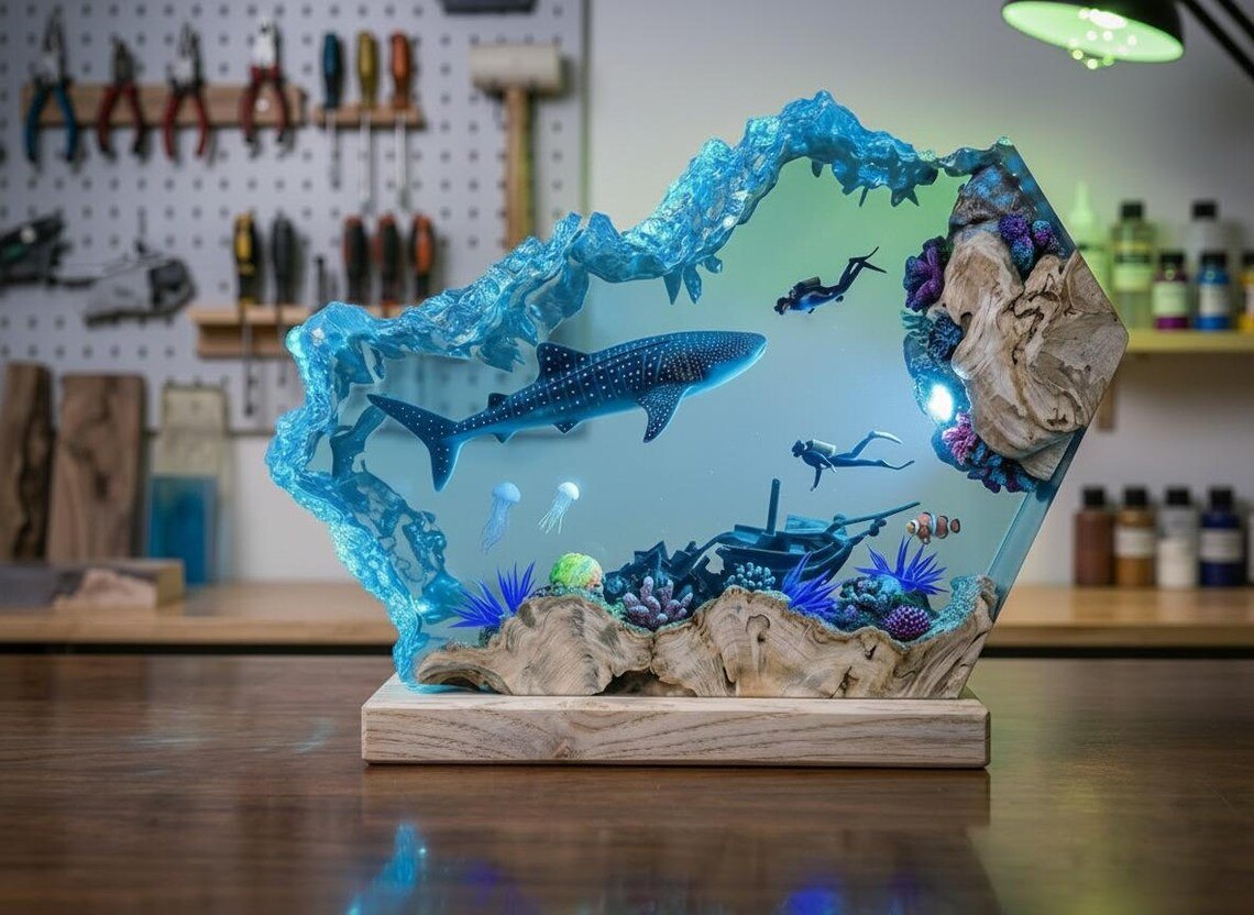 Whale shark resin lamp with wave edge and driftwood on a workbench