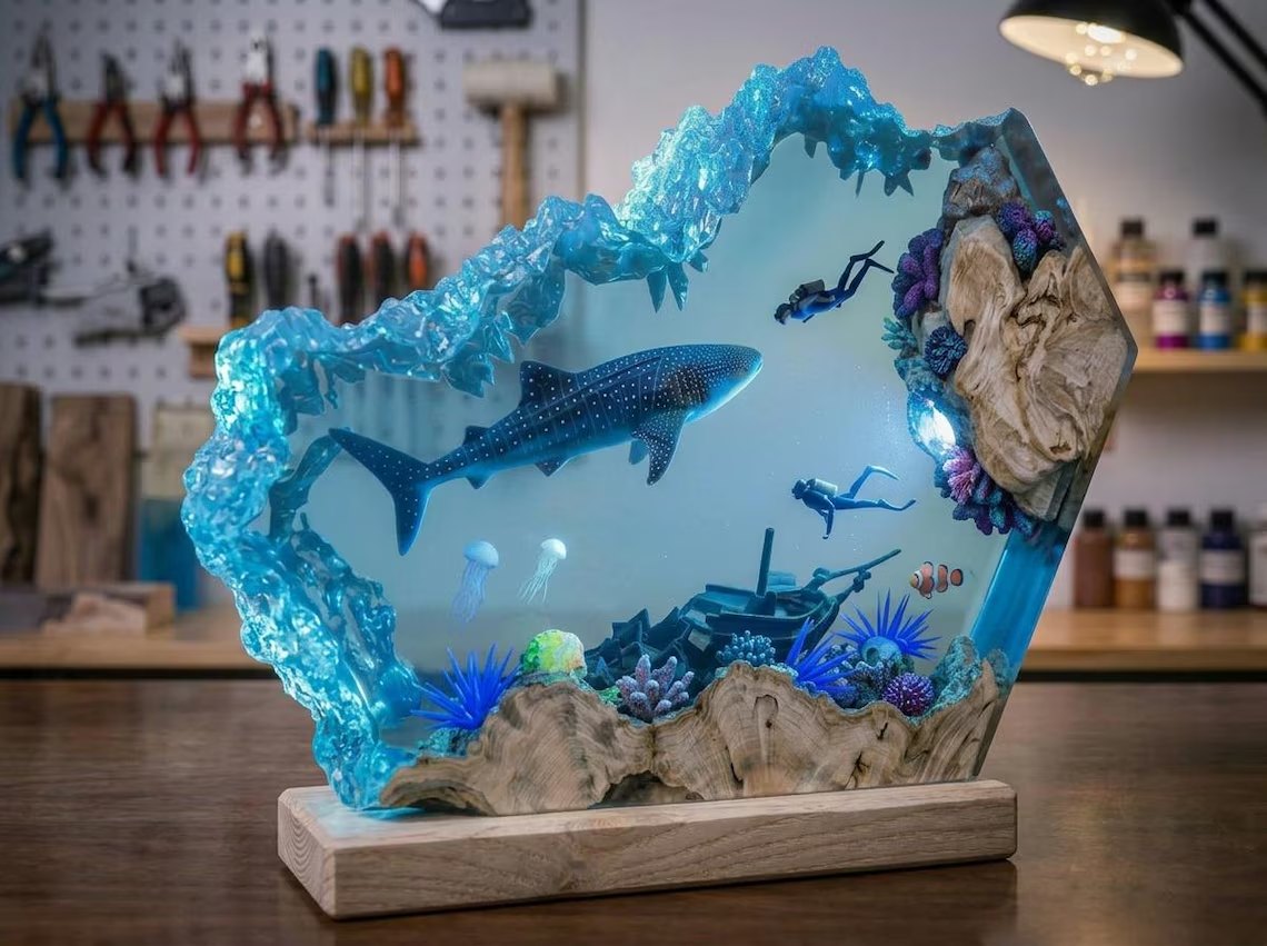 Whale shark resin lamp with jellyfish and coral