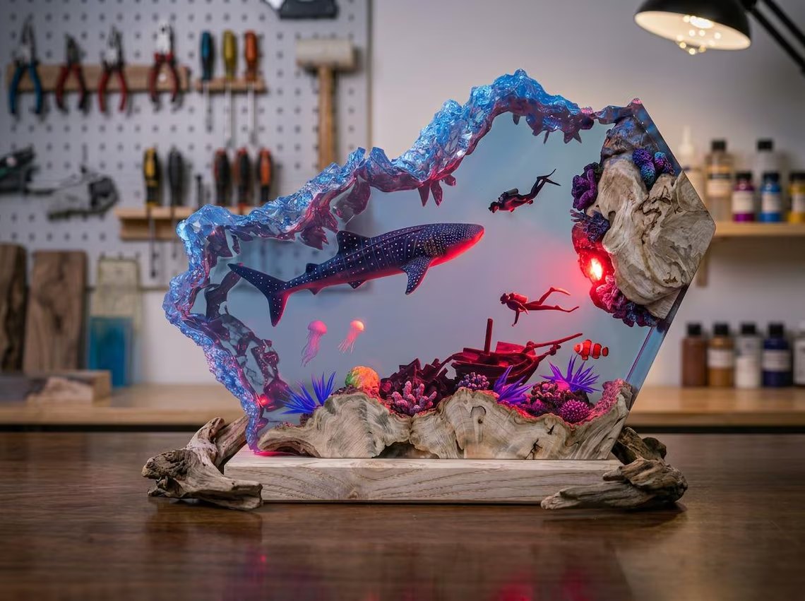Whale shark resin lamp glowing red with driftwood pieces