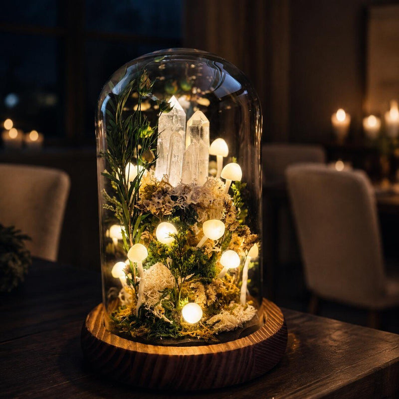 White mushroom crystal glass dome lamp glowing on a table