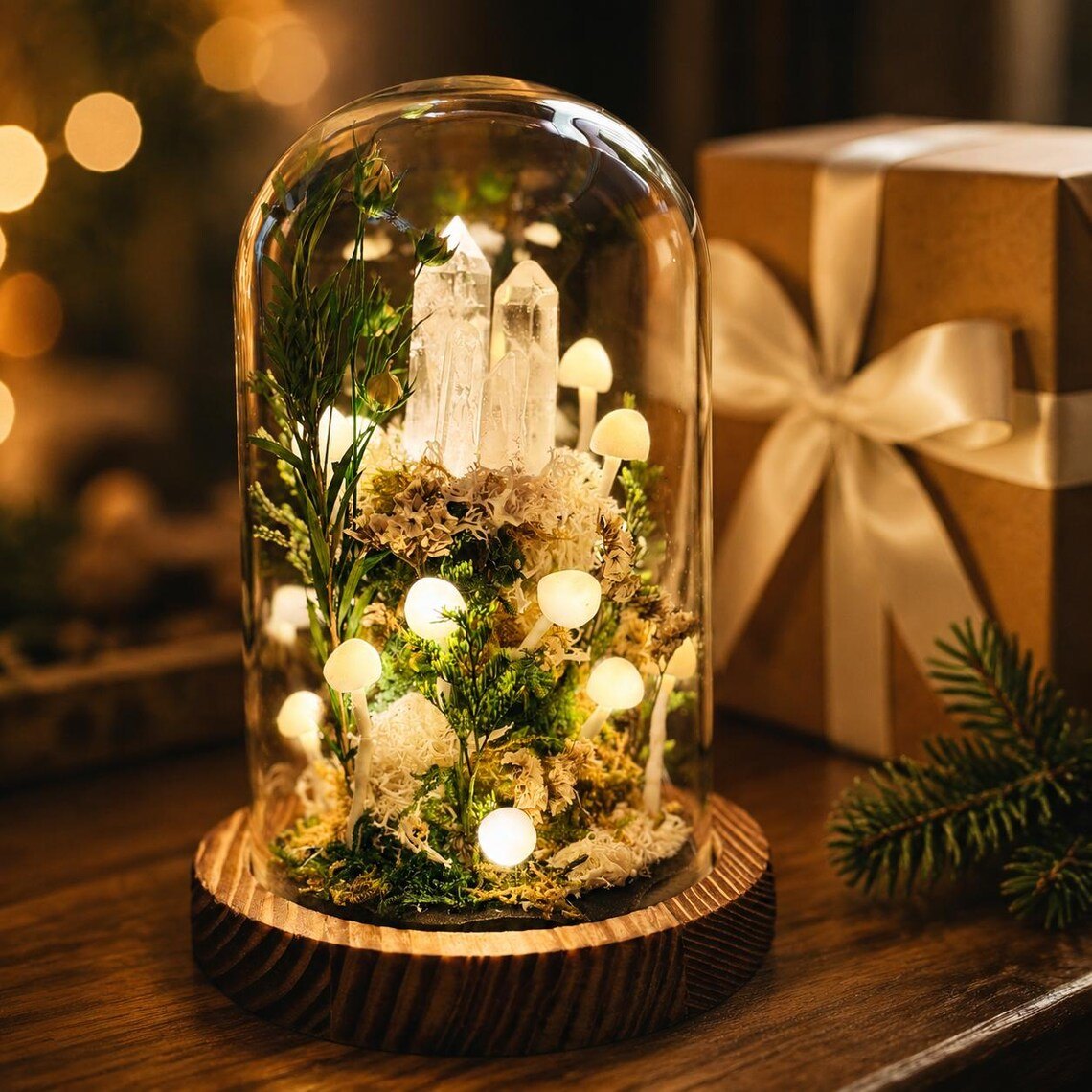 White mushroom glass dome lamp glowing beside a gift box