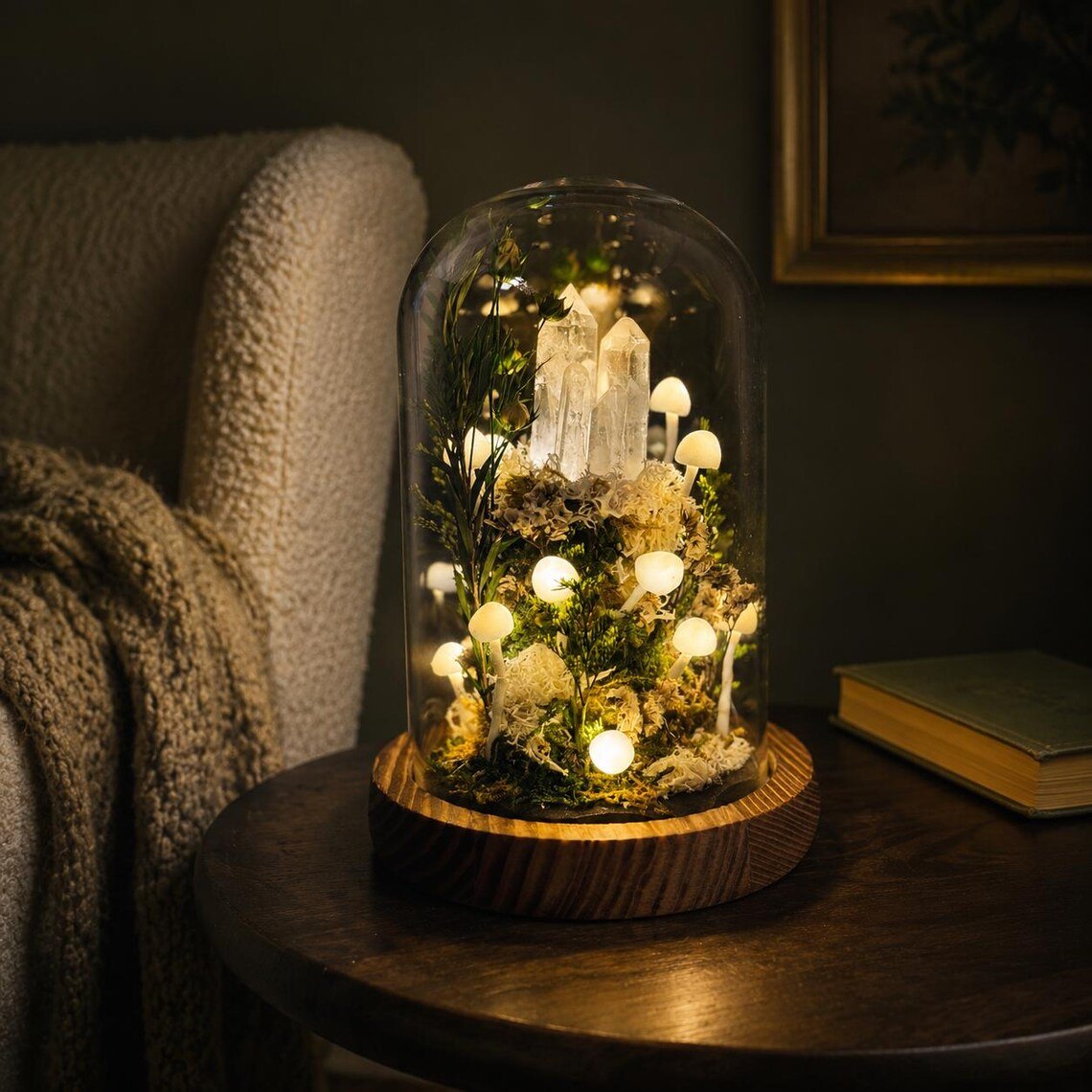 White mushroom crystal dome lamp on a side table by an armchair