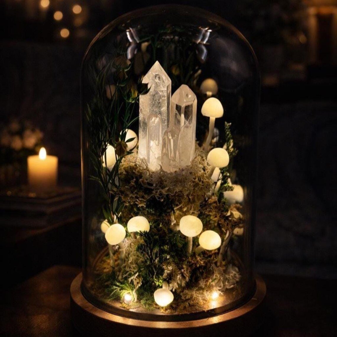 White mushroom glass dome lamp glowing in the dark