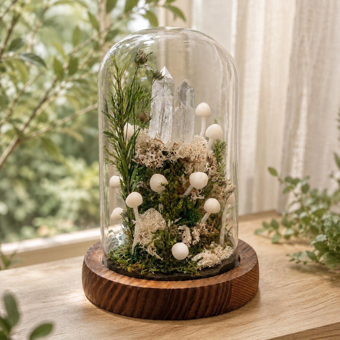 White mushroom glass dome lamp by a window