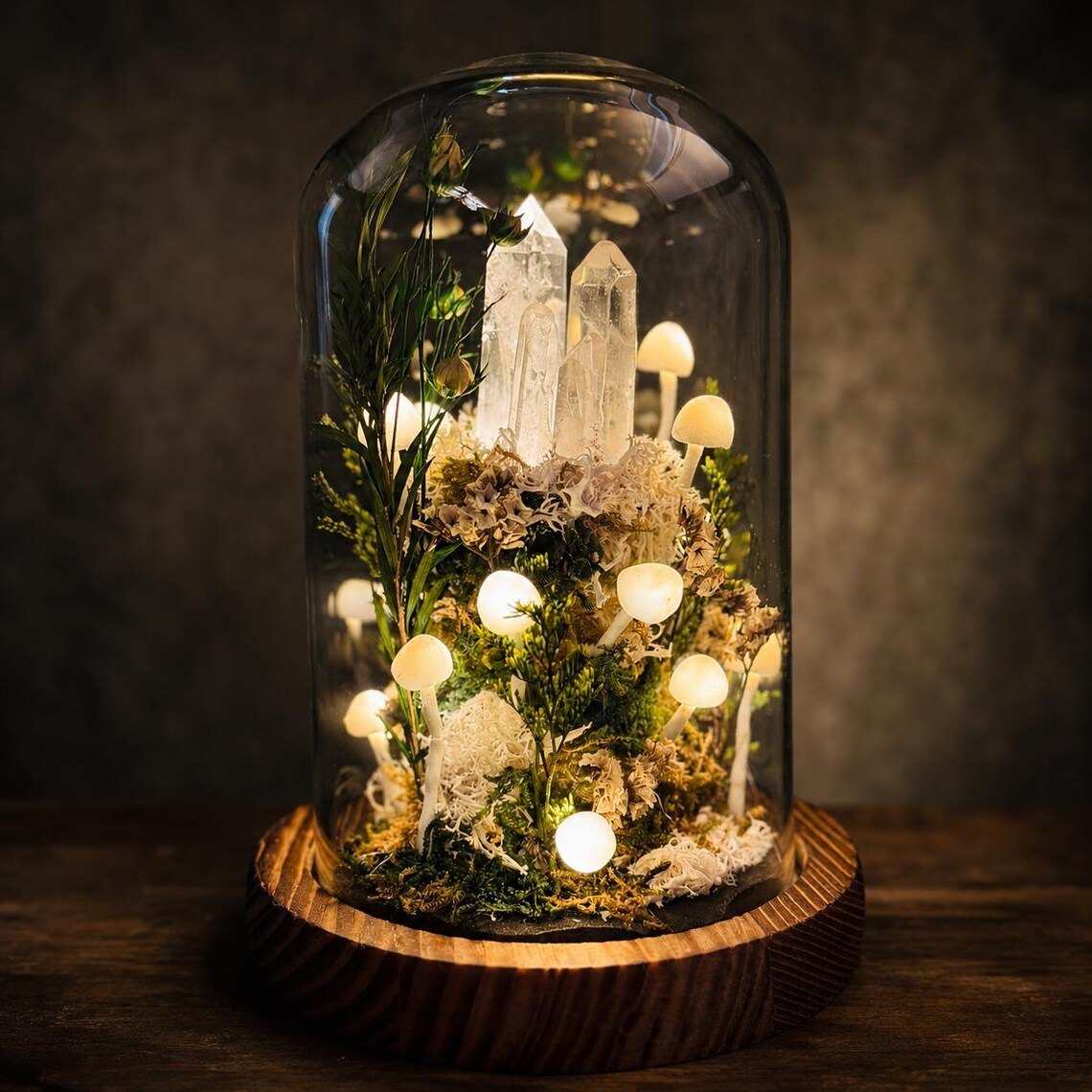 Close view of white mushroom crystal glass dome lamp glowing