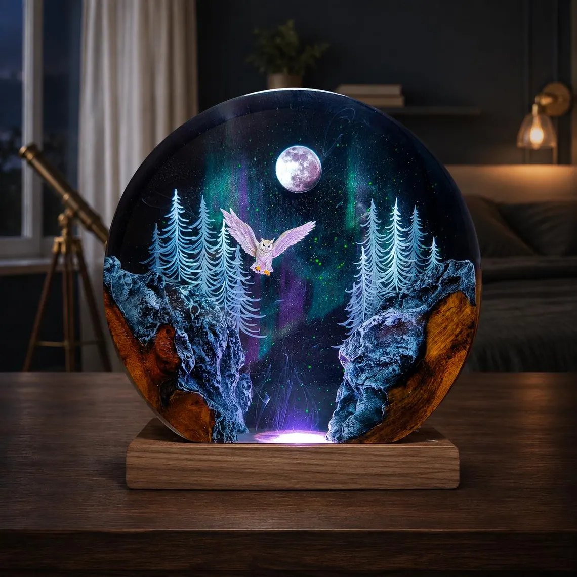 White owl resin lamp glowing on a bedroom desk