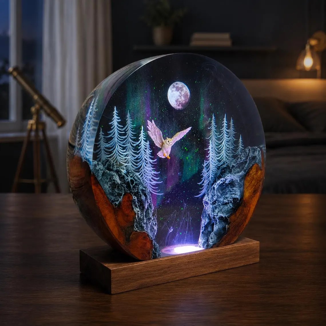 Round owl epoxy night light with pines and moon