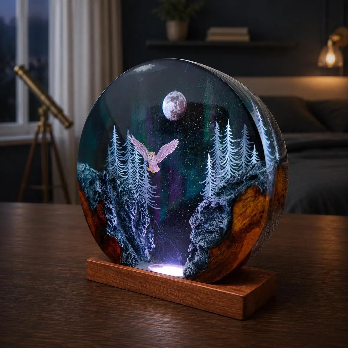 Owl moonlit forest resin lamp on a wood base