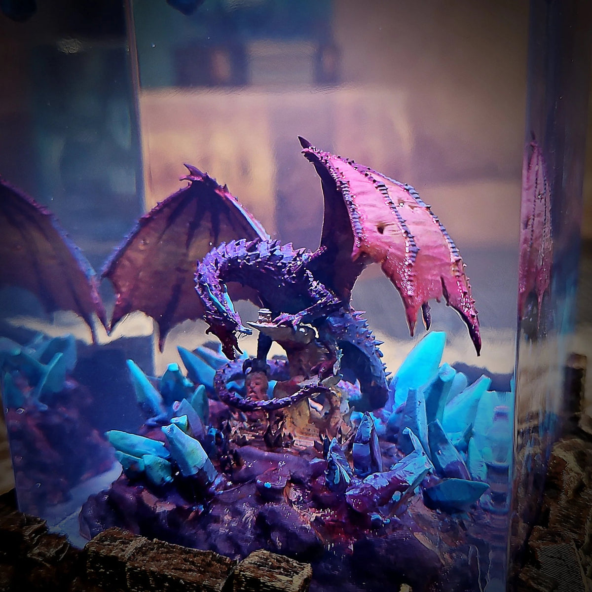 Close-up of the winged dragon over blue crystal shards