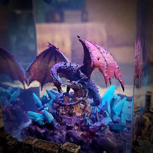 Close-up of the winged dragon over blue crystal shards