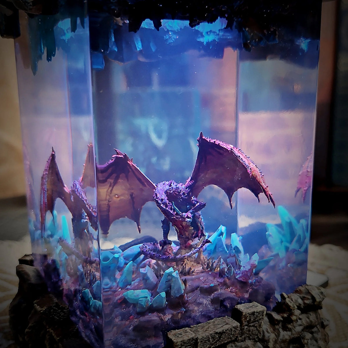 Dragon crystal cavern resin lamp, angled view through the resin