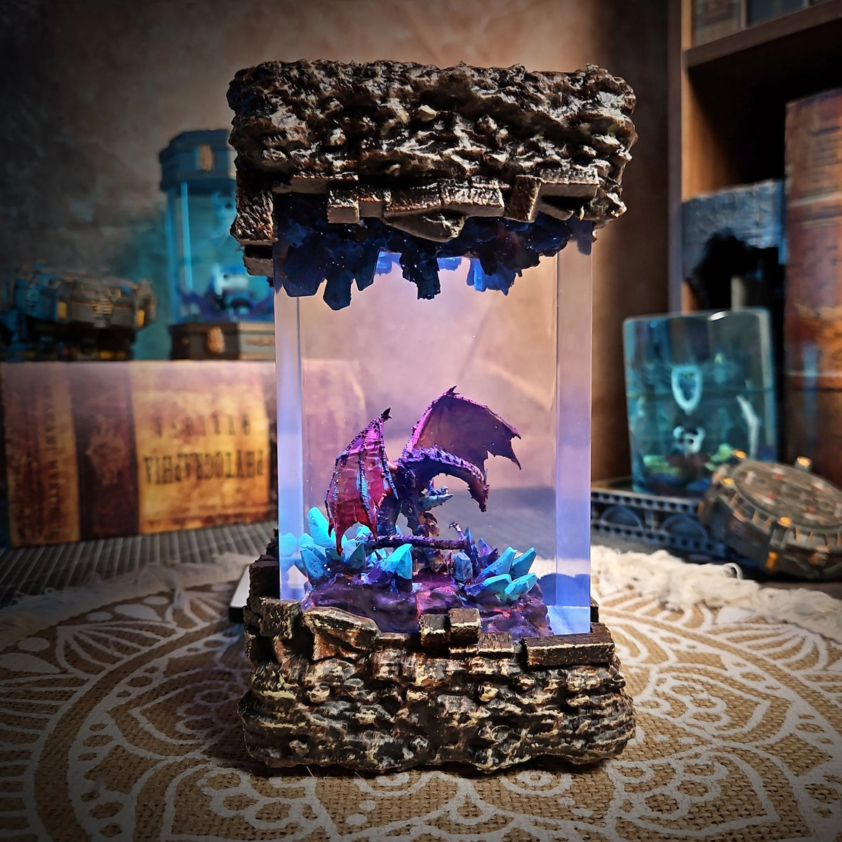 Dragon crystal lamp glowing blue and violet
