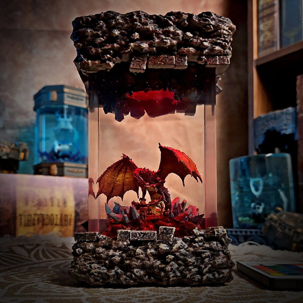 Dragon crystal cavern resin lamp glowing red